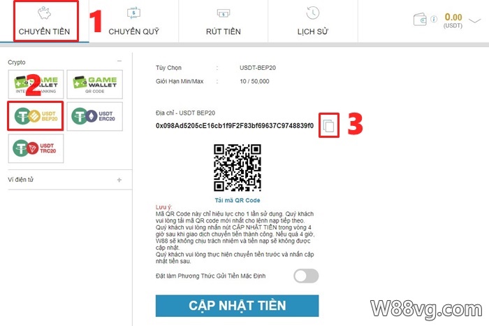 Lấy mã ví USDT tại website chính thức nhà cái W88